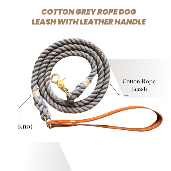 Cotton Grey Rope Dog Leash With Leather Handle