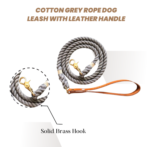Cotton Grey Rope Dog Leash With Leather Handle